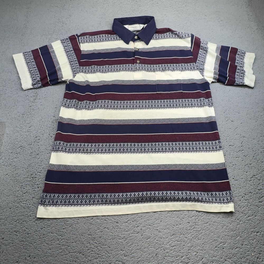 Classics by Palmland Shirt Mens XL Blue Cream Burgundy Striped Polo Pocket 90s